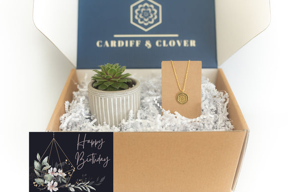 Happy Birthday Succulent Gift Box with Gold Pendant Necklace
