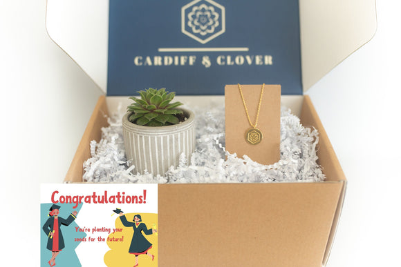 Congratulations Graduation Succulent Gift Box with 18K Gold Pendant Necklace
